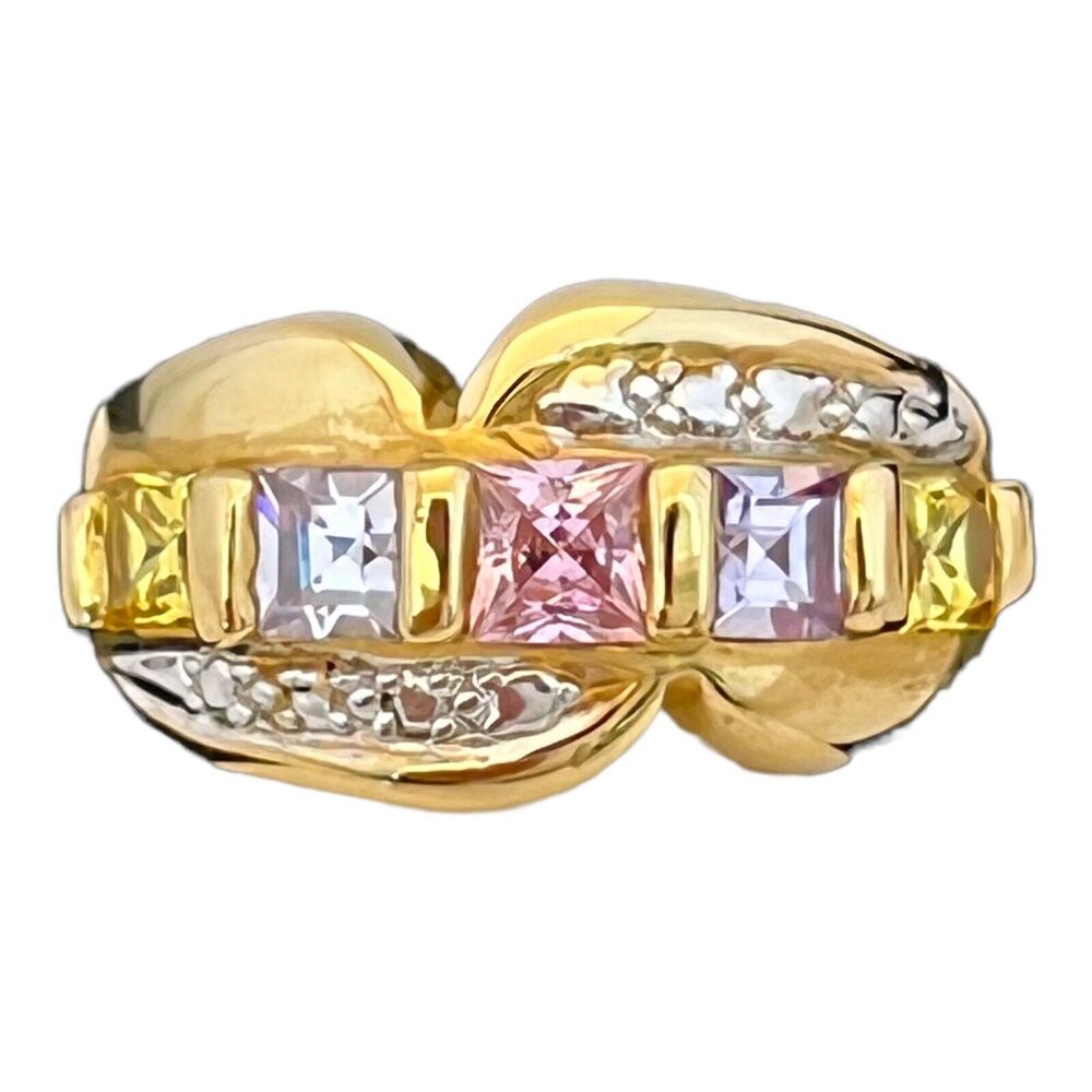 Vintage 1980s Uncas CZ Channel Ring Gold Plate Pastel Statement Size 7 - 5C